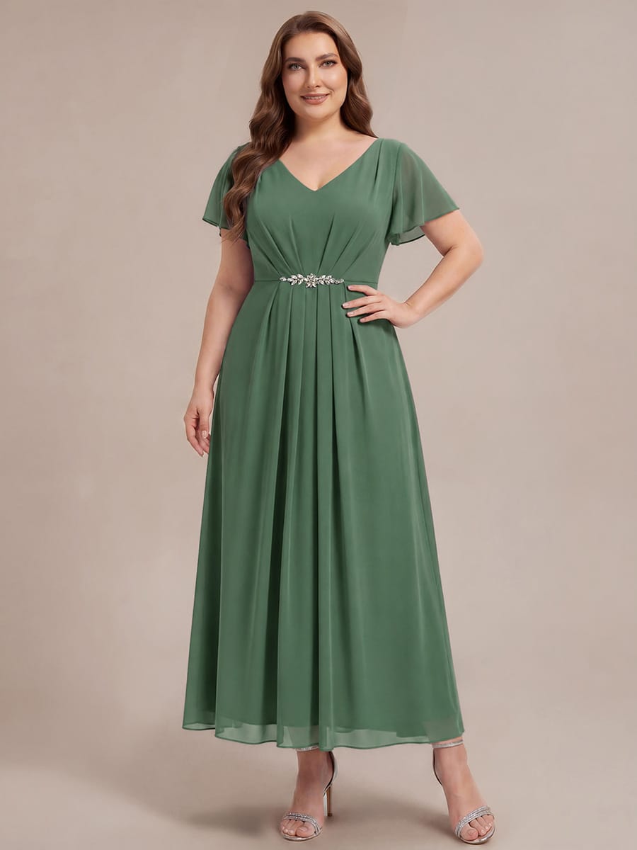 Rhinestone Embellished Chiffon Ruffle Sleeve Dress #color_Eucalyptus Green