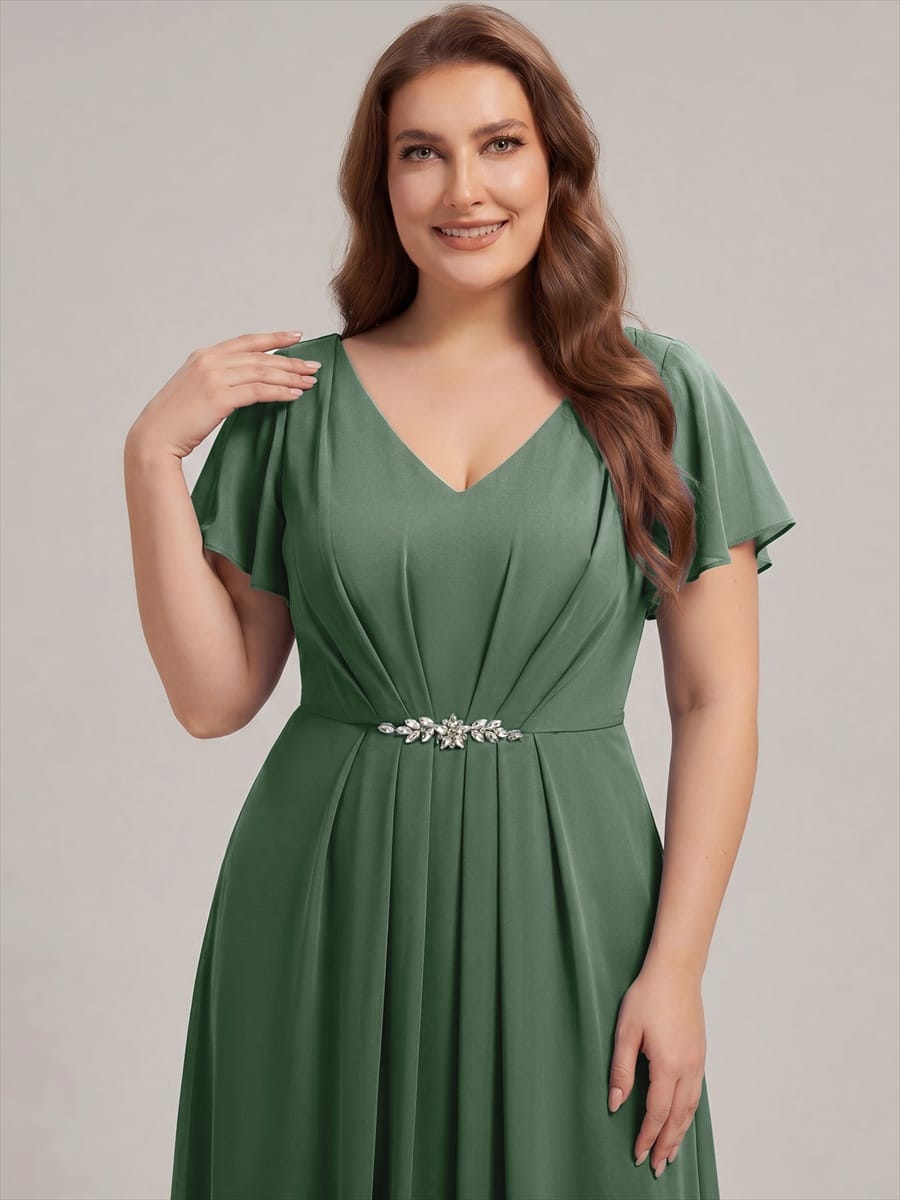 Rhinestone Embellished Chiffon Ruffle Sleeve Dress #color_Eucalyptus Green