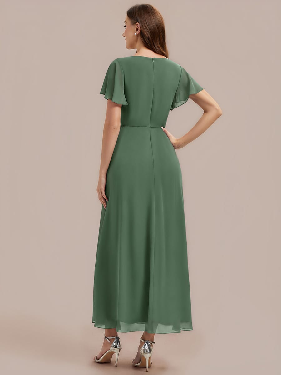 Rhinestone Embellished Chiffon Ruffle Sleeve Dress #color_Eucalyptus Green