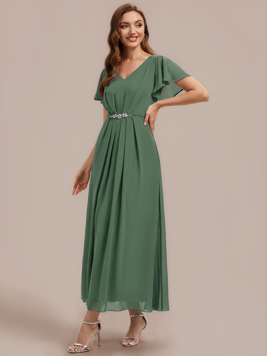 Rhinestone Embellished Chiffon Ruffle Sleeve Dress #color_Eucalyptus Green