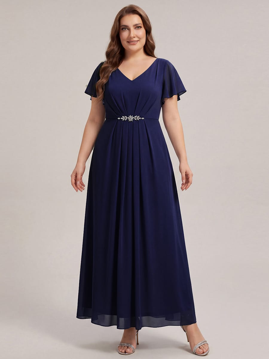 Rhinestone Embellished Chiffon Ruffle Sleeve Dress #color_Navy Blue