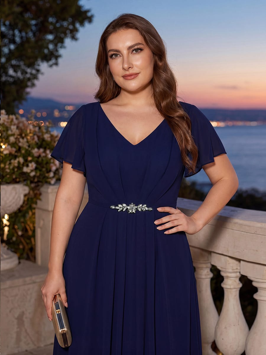 Rhinestone Embellished Chiffon Ruffle Sleeve Dress #color_Navy Blue