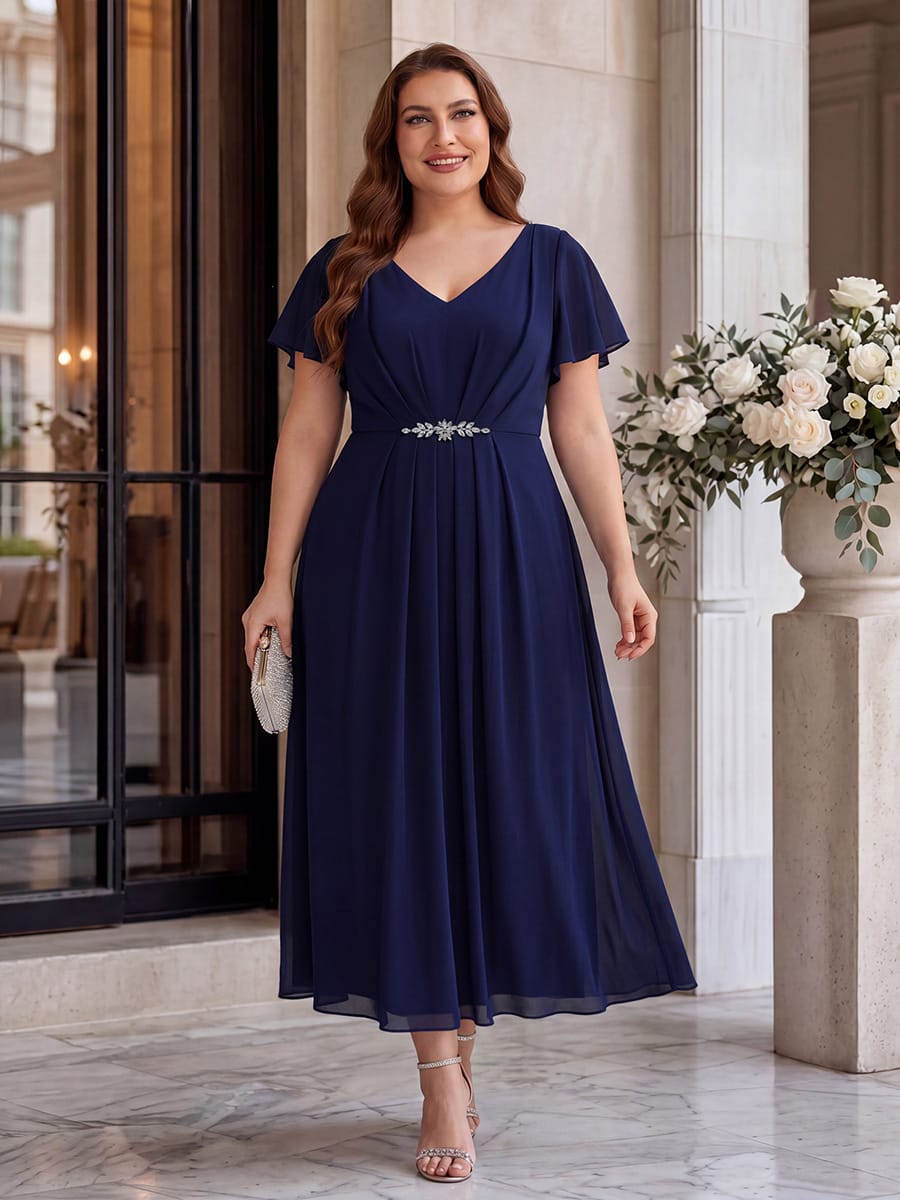 Rhinestone Embellished Chiffon Ruffle Sleeve Dress #color_Navy Blue