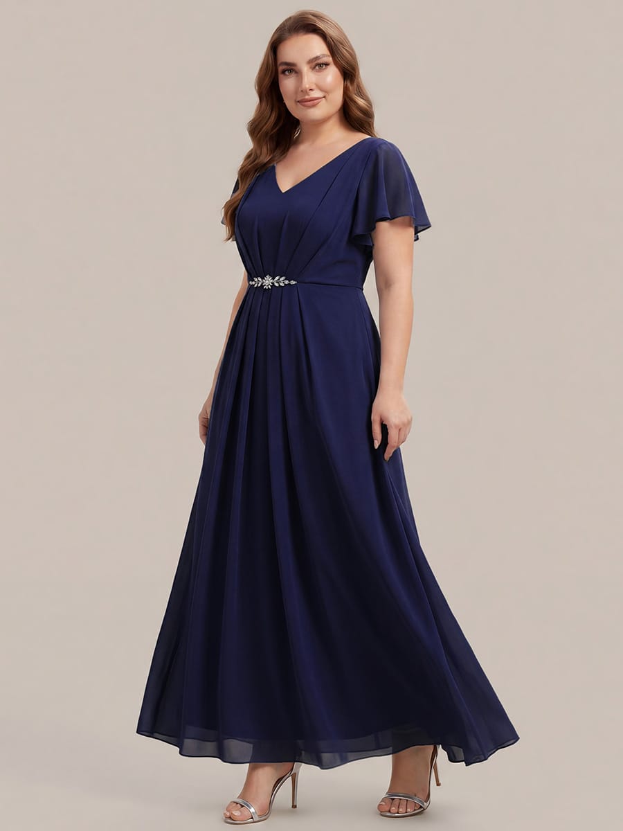 Rhinestone Embellished Chiffon Ruffle Sleeve Dress #color_Navy Blue