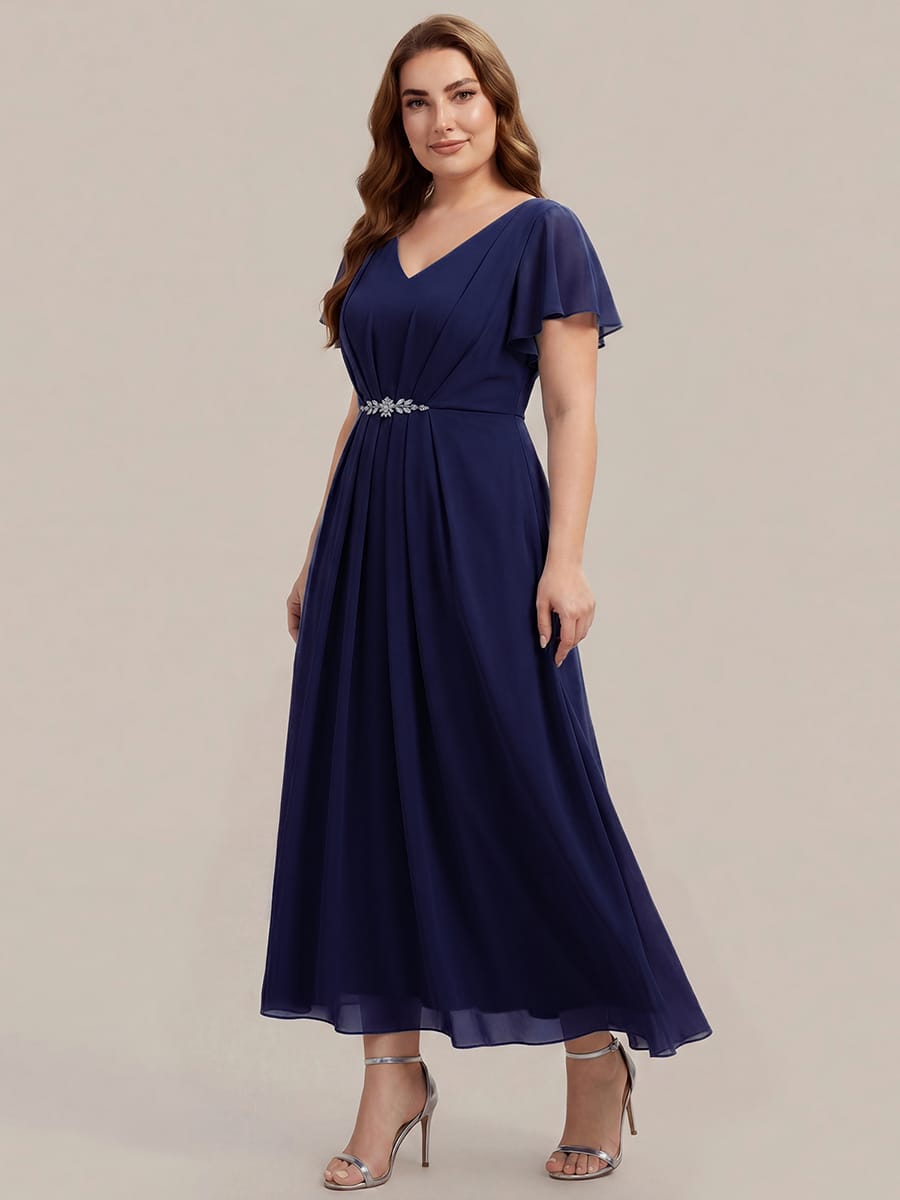 Rhinestone Embellished Chiffon Ruffle Sleeve Dress #color_Navy Blue