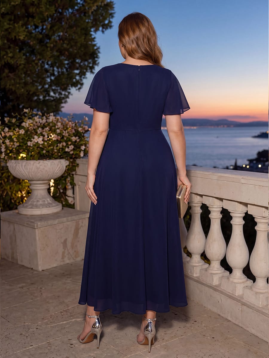 Rhinestone Embellished Chiffon Ruffle Sleeve Dress #color_Navy Blue