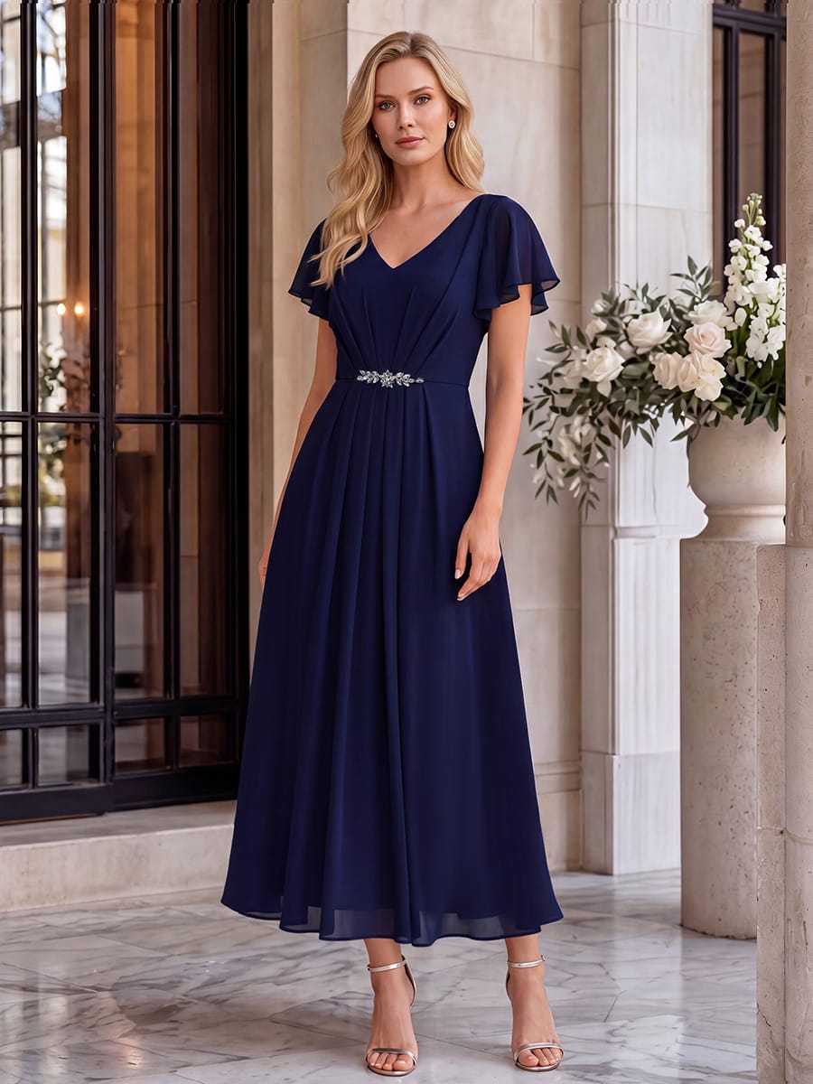 Rhinestone Embellished Chiffon Ruffle Sleeve Dress #color_Navy Blue