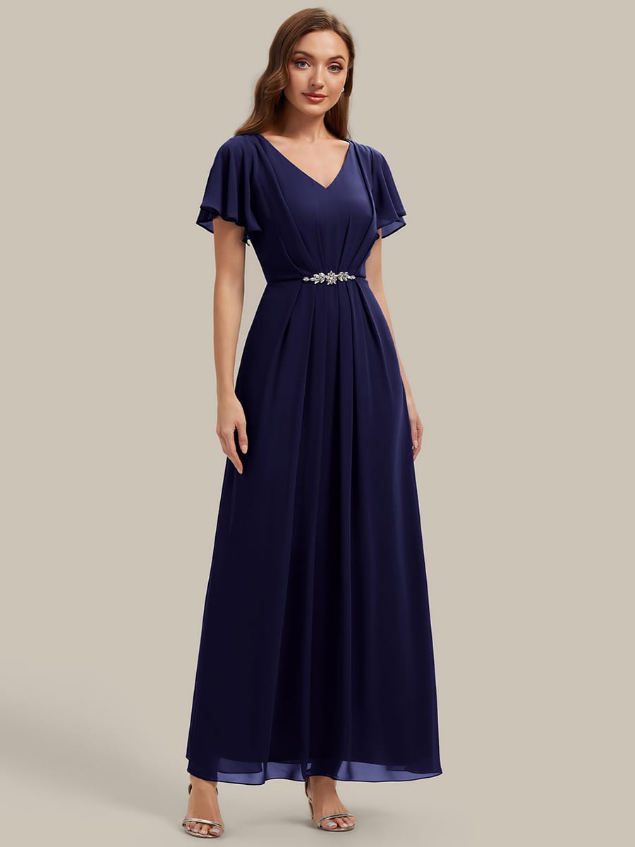 Rhinestone Embellished Chiffon Ruffle Sleeve Dress #color_Navy Blue