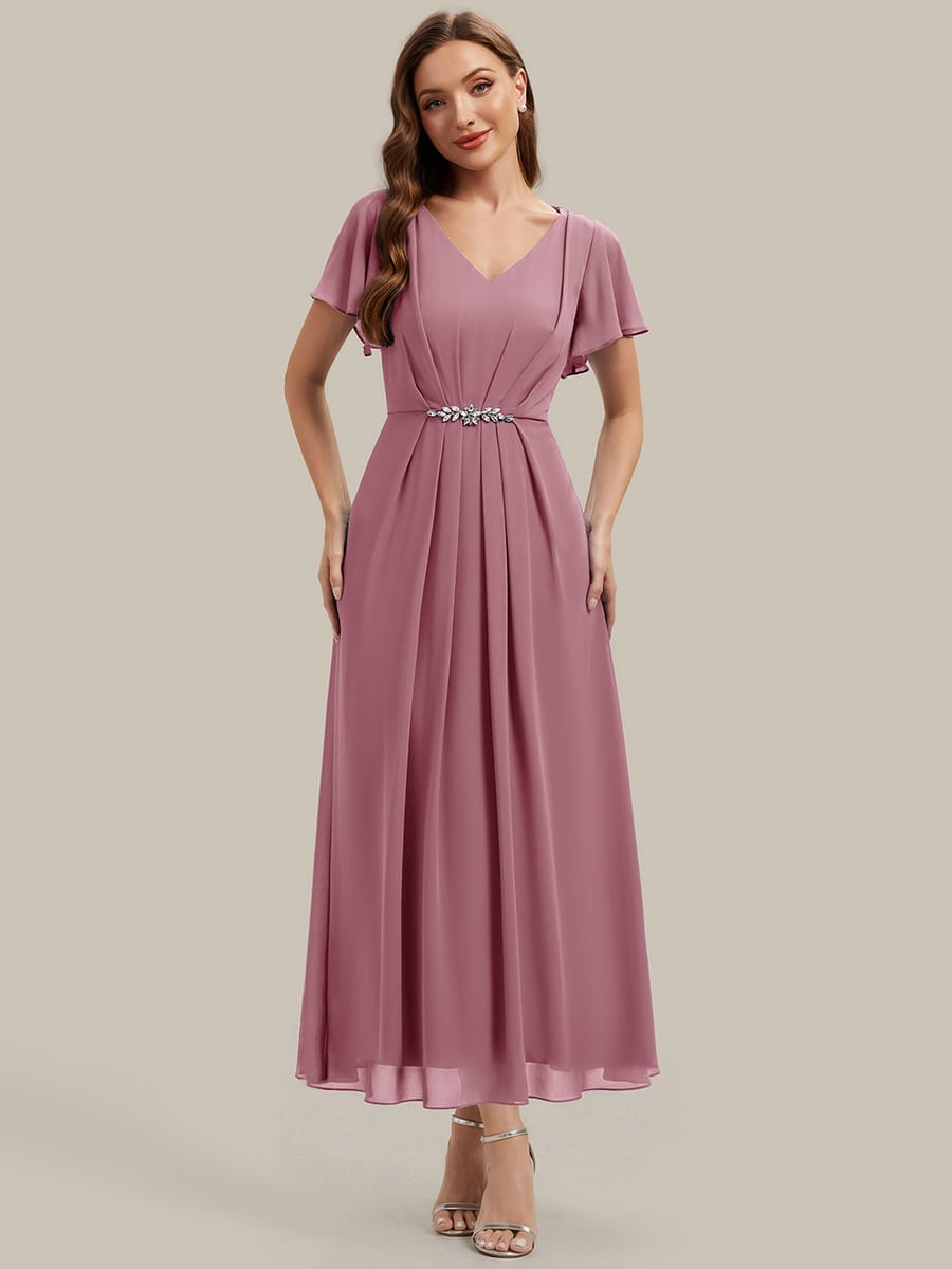 Rhinestone Embellished Chiffon Ruffle Sleeve Dress #color_Purple Orchid