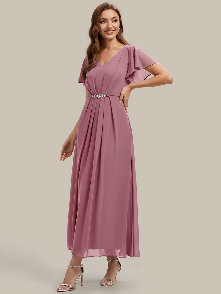 Rhinestone Embellished Chiffon Ruffle Sleeve Dress #color_Purple Orchid