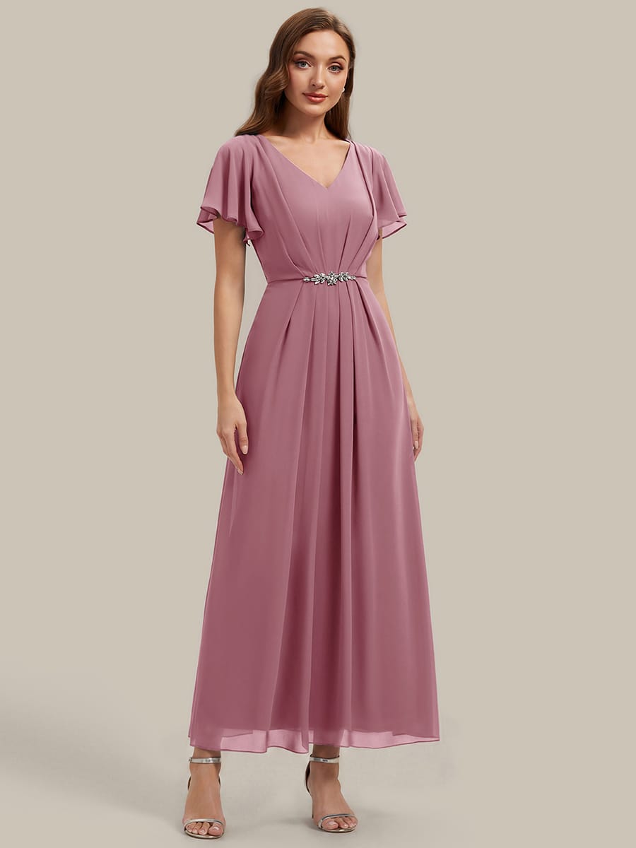 Rhinestone Embellished Chiffon Ruffle Sleeve Dress #color_Purple Orchid