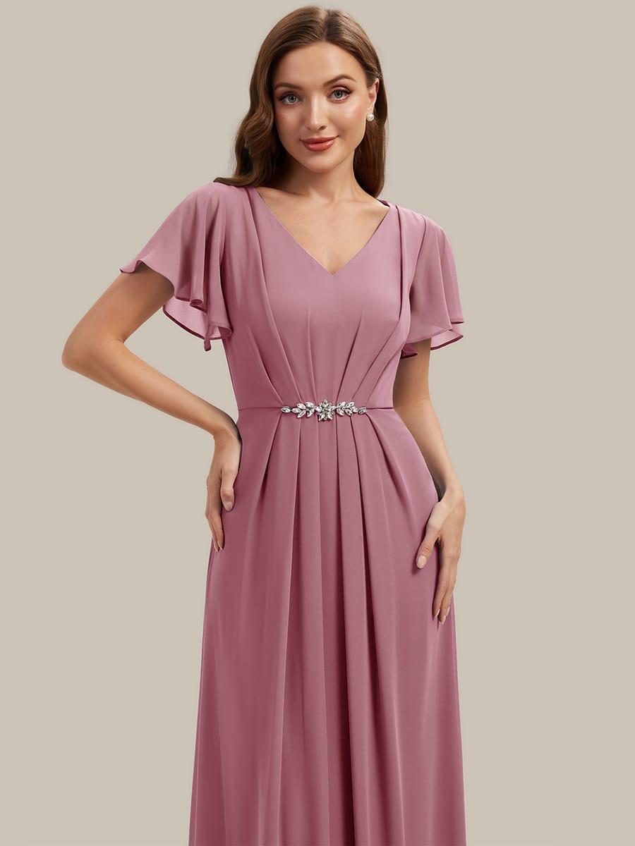 Rhinestone Embellished Chiffon Ruffle Sleeve Dress #color_Purple Orchid