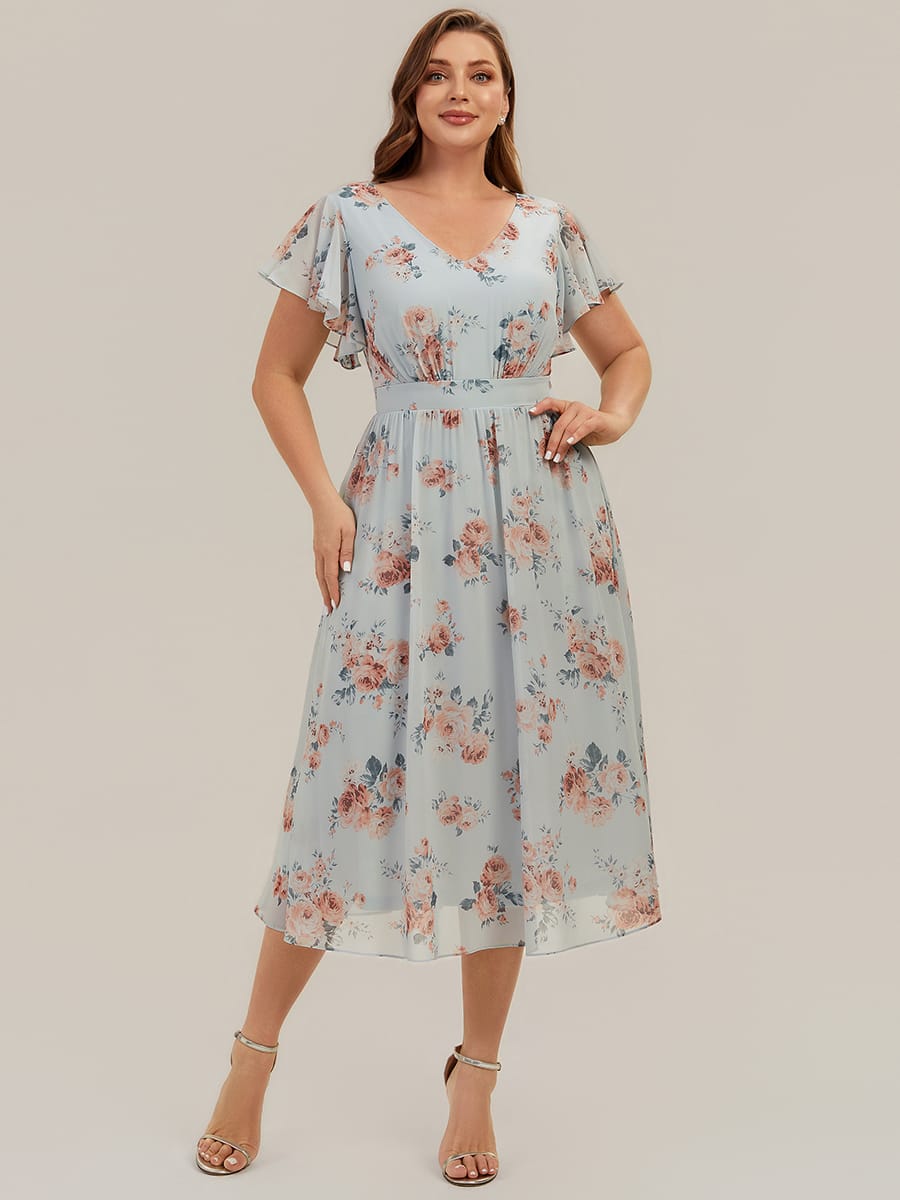 Chiffon Ruffle Sleeve A-line Dress #color_Amber Bloom