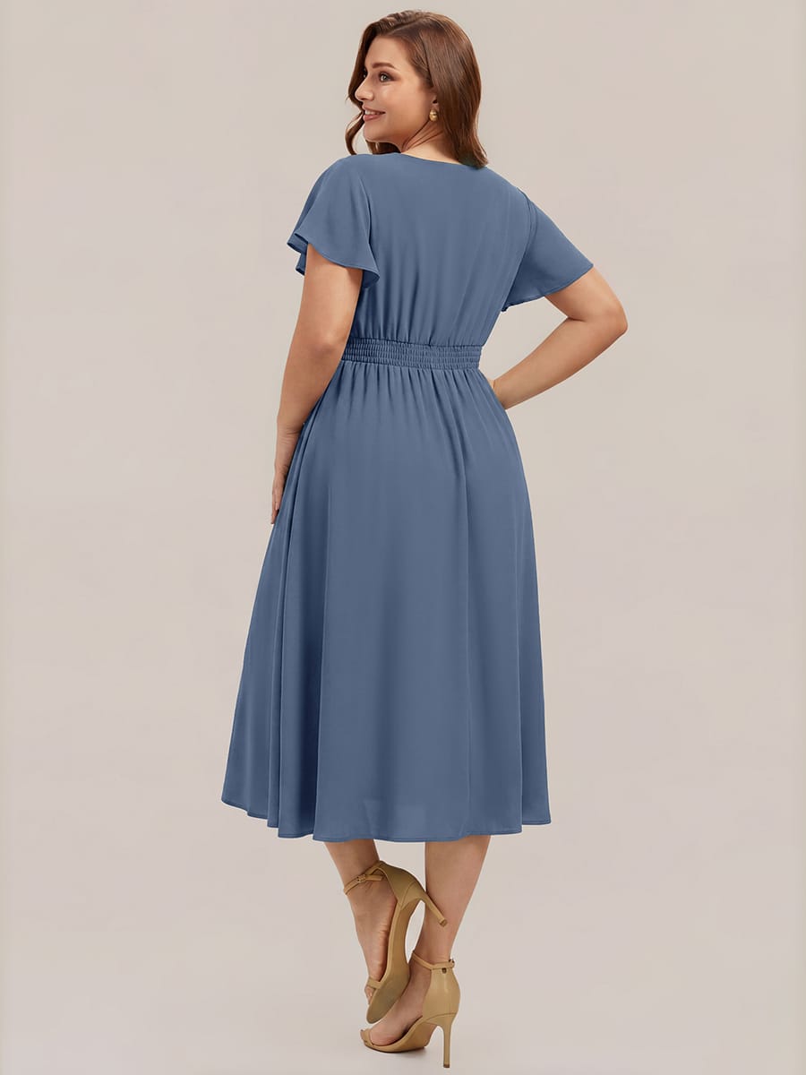 Chiffon Ruffle Sleeve A-line Dress #color_Dusty Blue