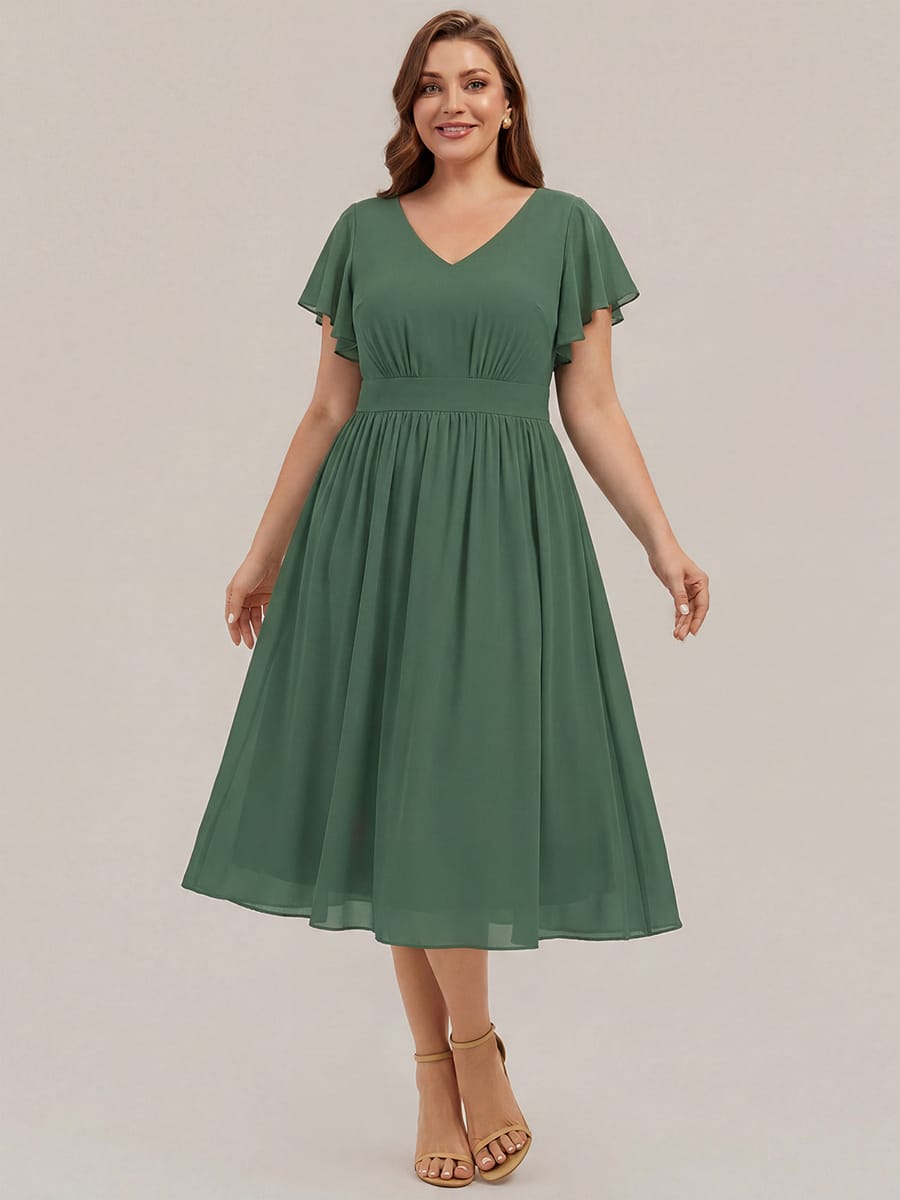 Chiffon Ruffle Sleeve A-line Dress #color_Eucalyptus Green