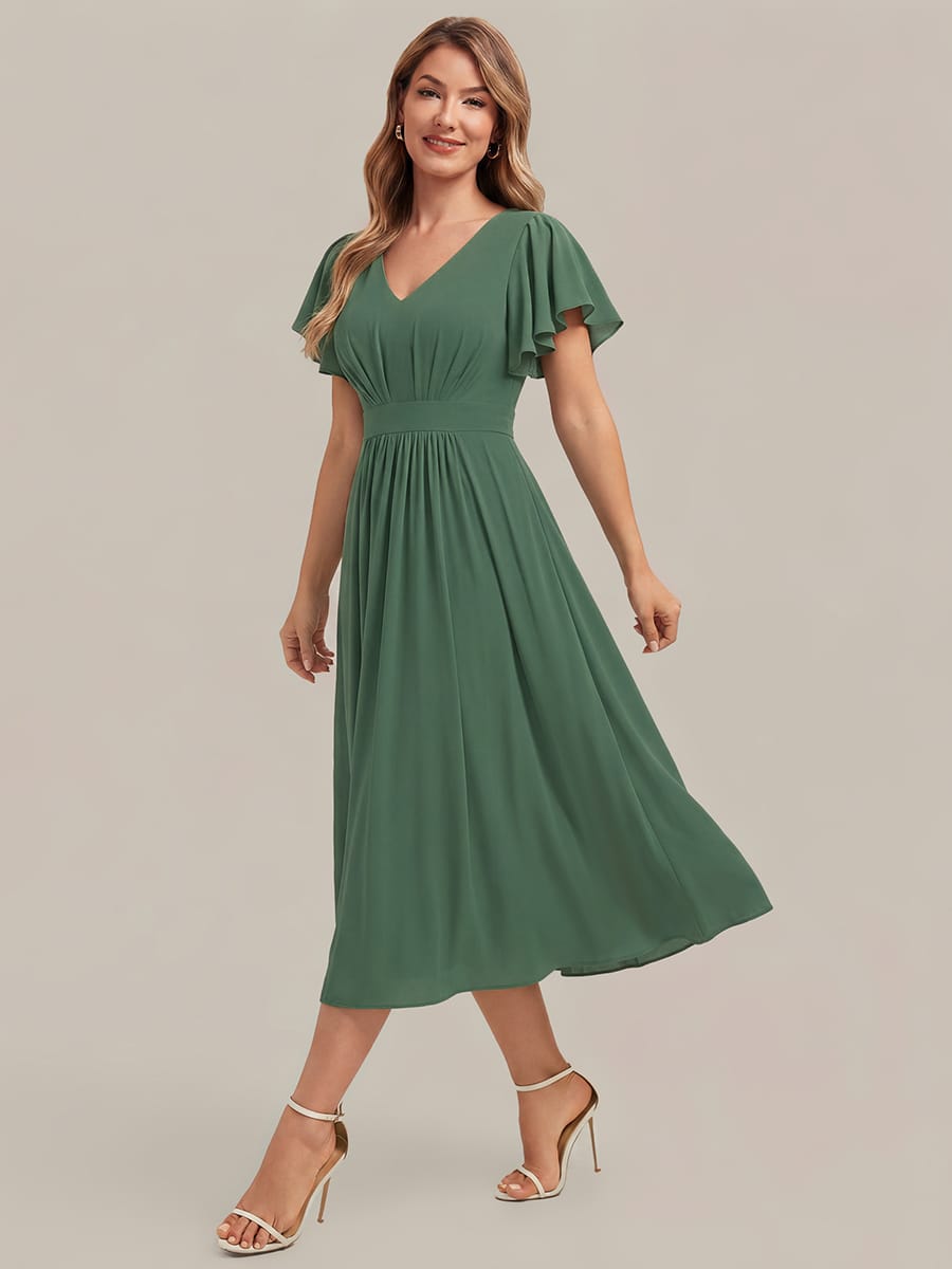 Chiffon Ruffle Sleeve A-line Dress #color_Eucalyptus Green