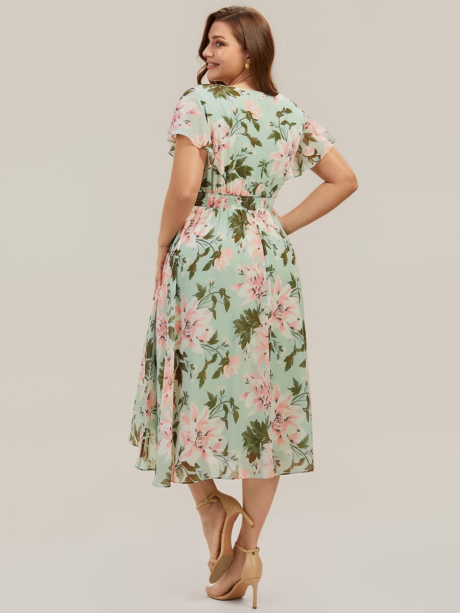 Chiffon Ruffle Sleeve A-line Dress #color_Green Floral