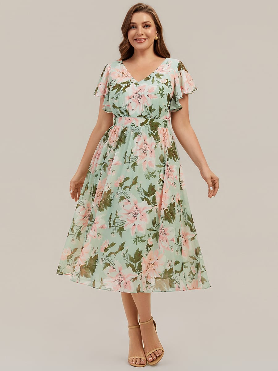 Chiffon Ruffle Sleeve A-line Dress #color_Green Floral