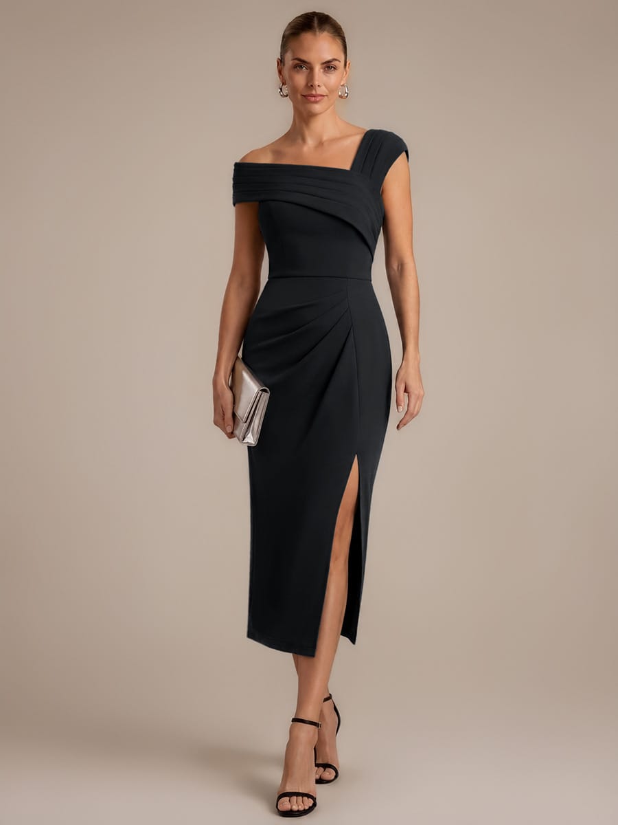 Crepe Cap Sleeve Sheath Dress #color_Black