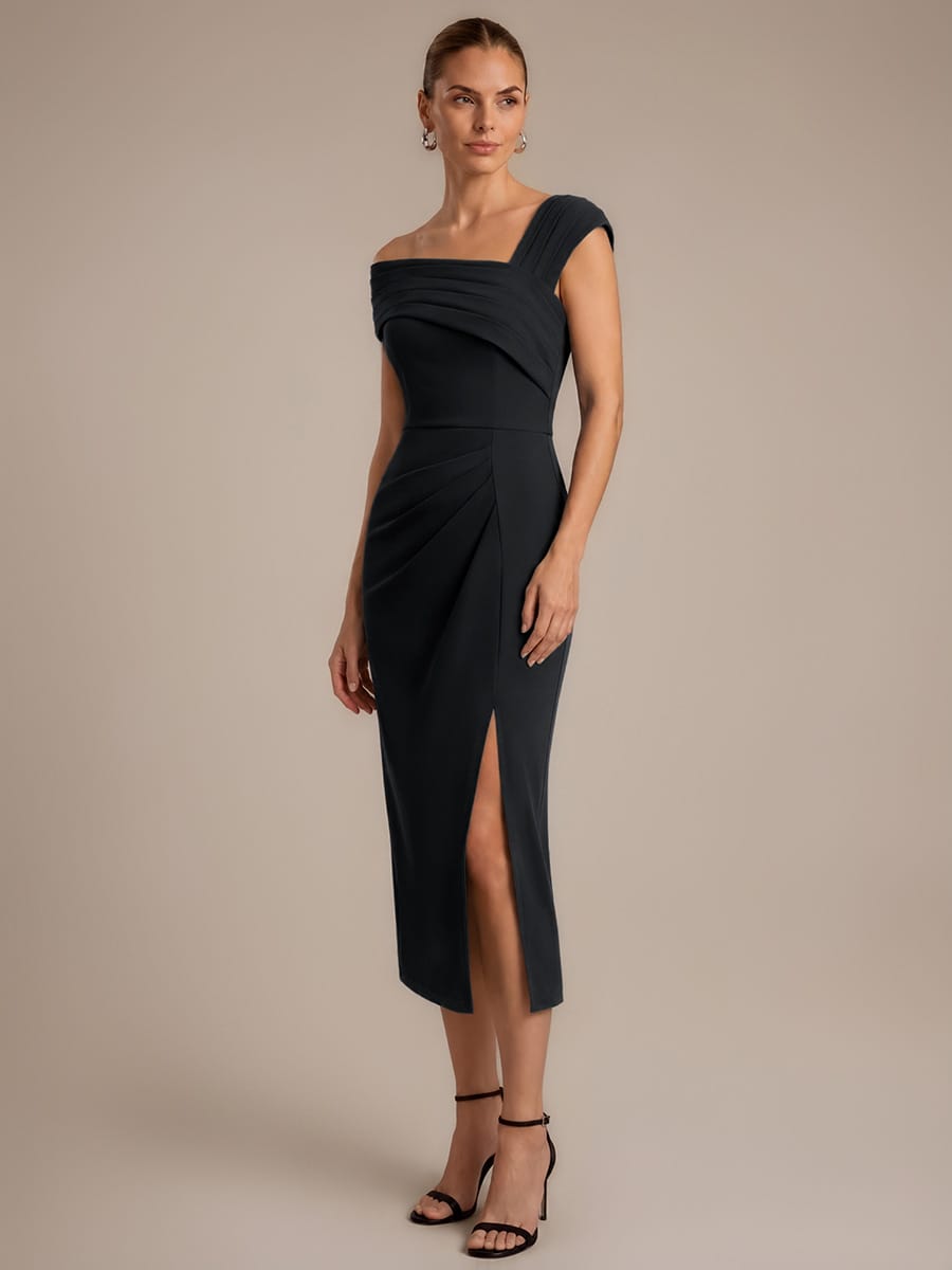 Crepe Cap Sleeve Sheath Dress #color_Black