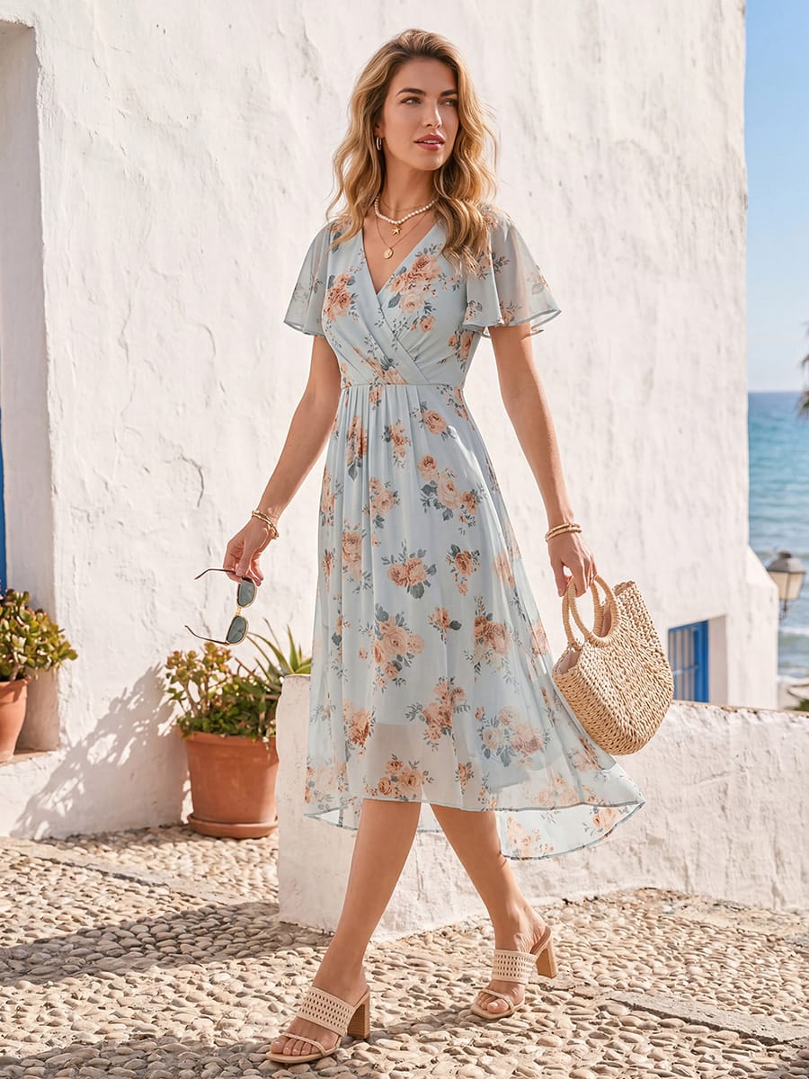 Floral Chiffon Ruffle Sleeve Dress #color_Amber Bloom