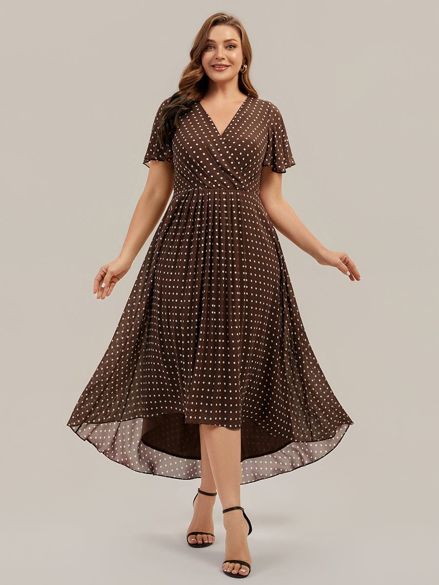 Floral Chiffon Ruffle Sleeve Dress #color_Brown Polka Dots