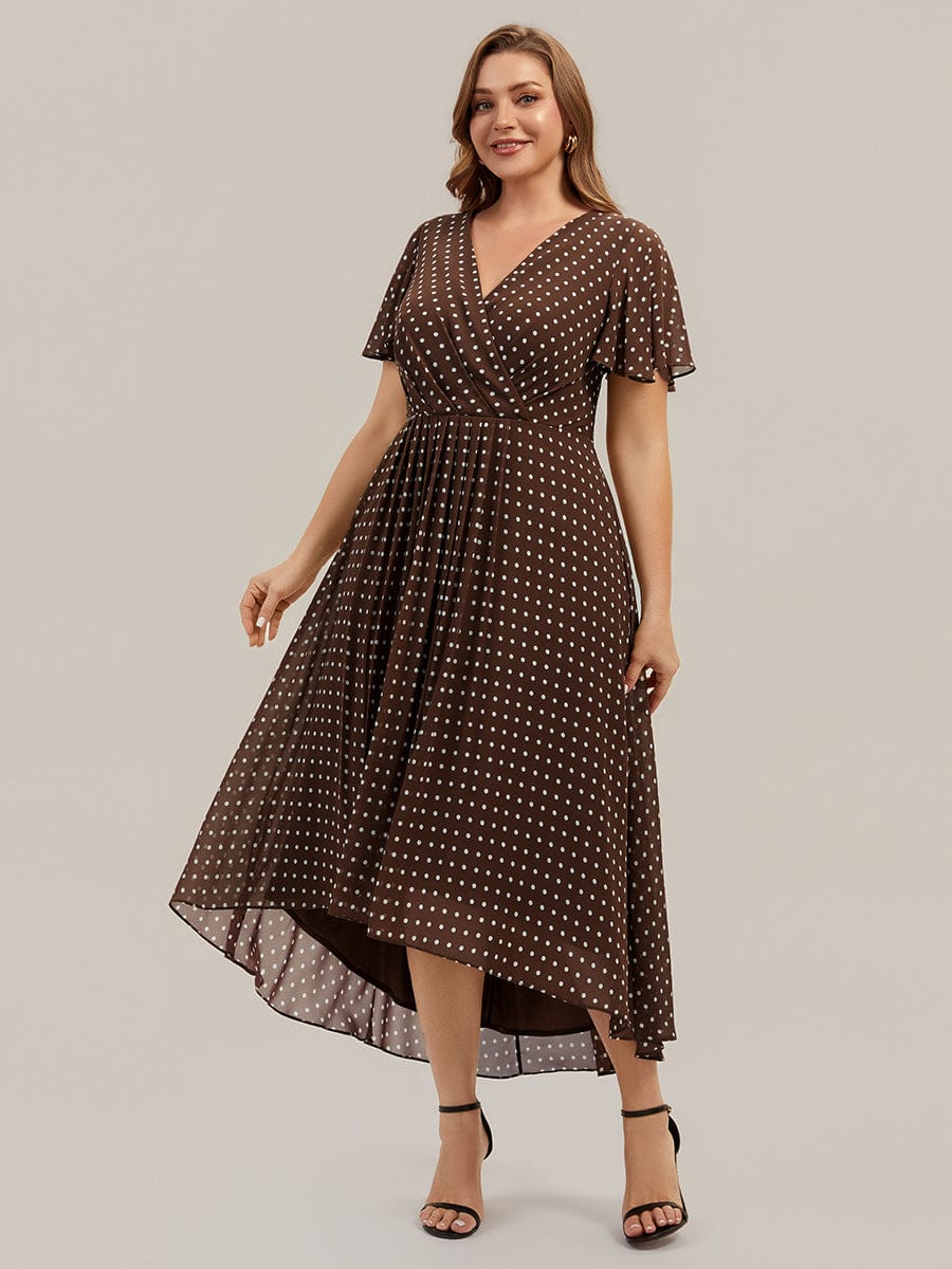 Floral Chiffon Ruffle Sleeve Dress #color_Brown Polka Dots
