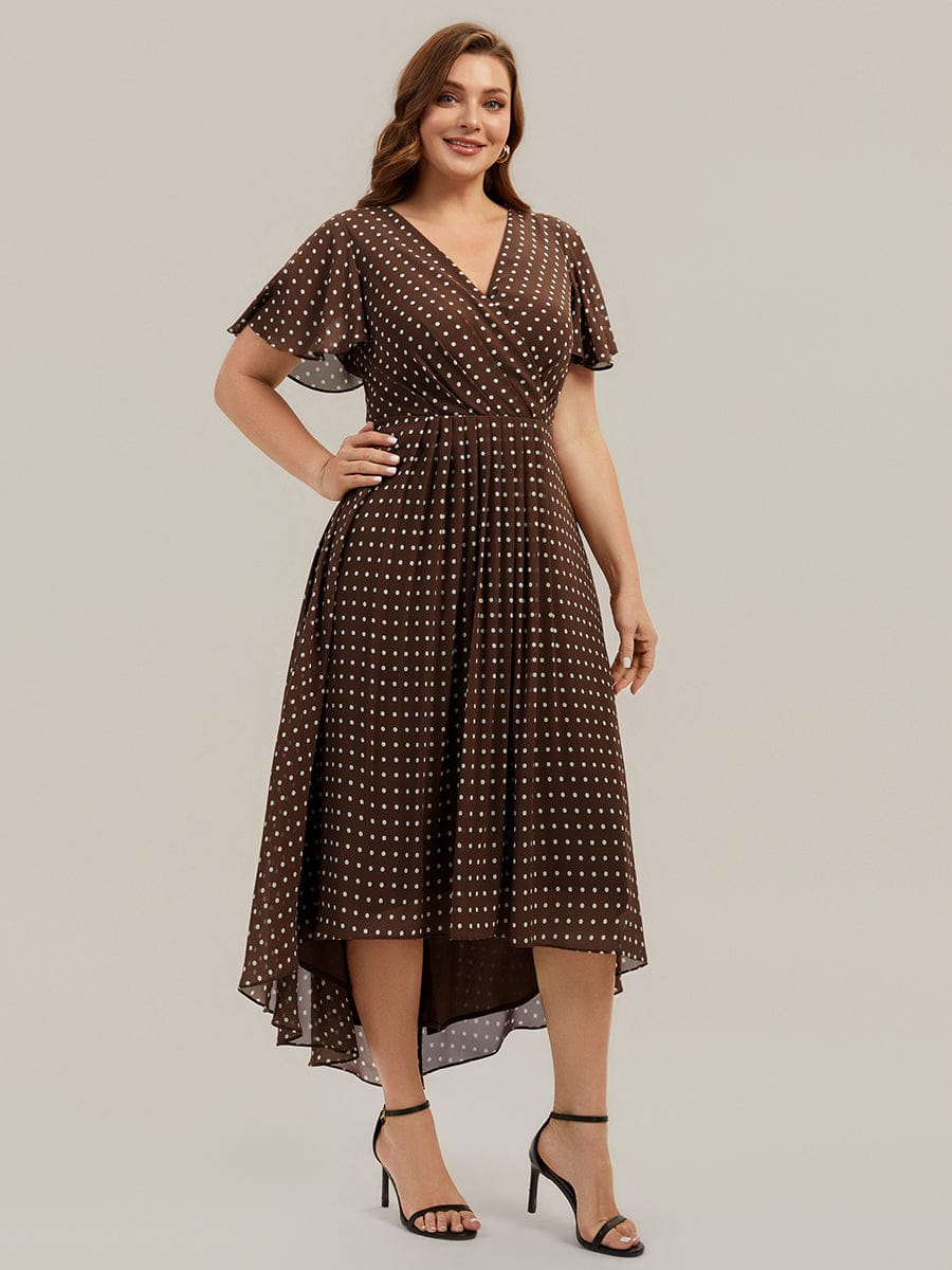 Floral Chiffon Ruffle Sleeve Dress #color_Brown Polka Dots