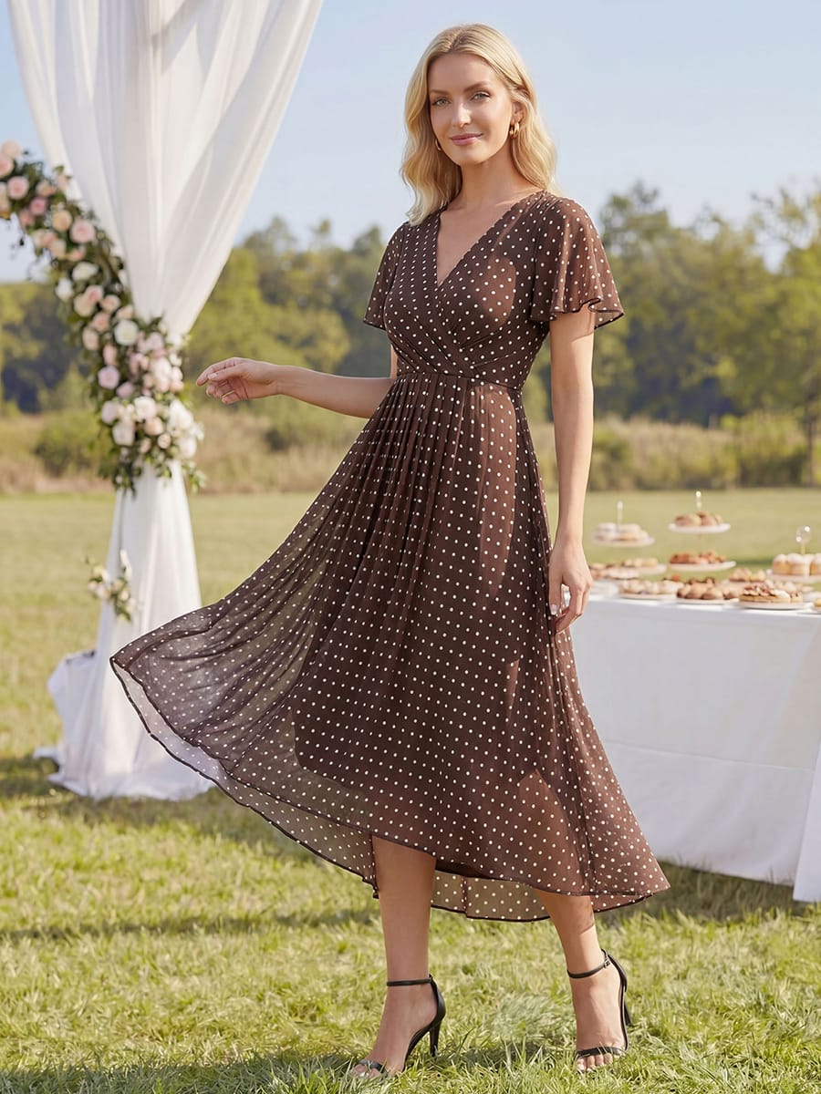 Floral Chiffon Ruffle Sleeve Dress #color_Brown Polka Dots