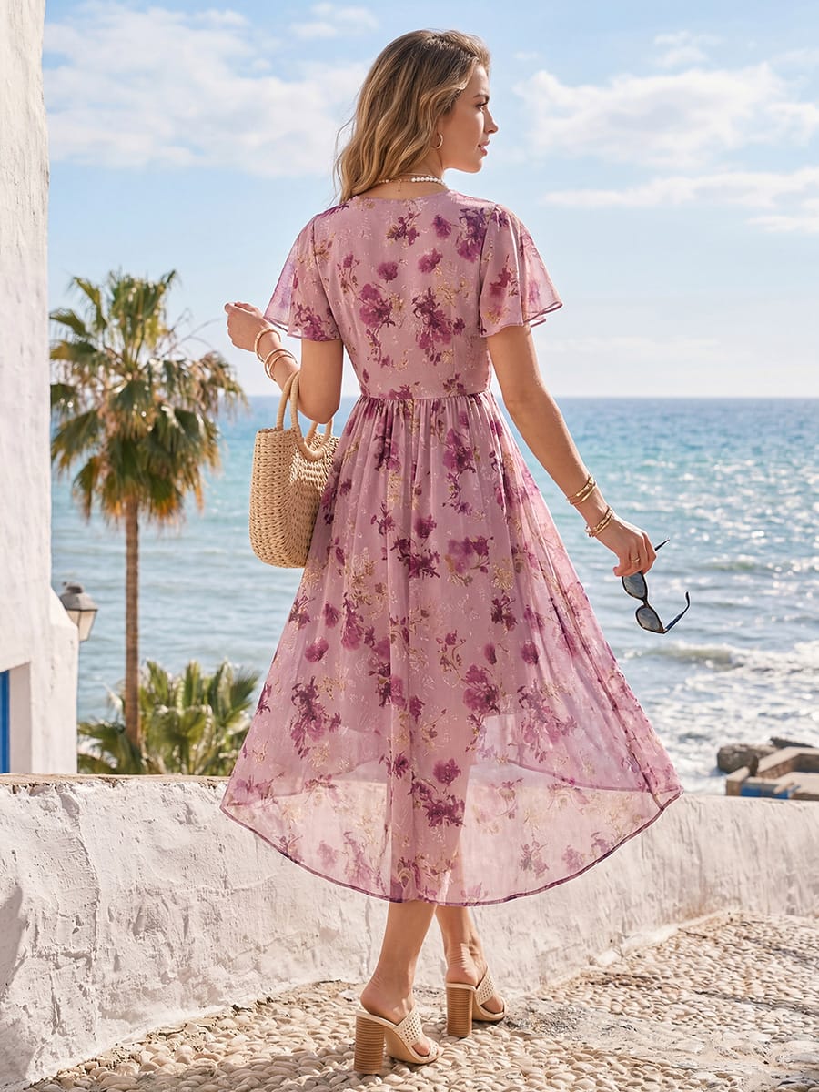 Floral Chiffon Ruffle Sleeve Dress #color_Light Purple Print