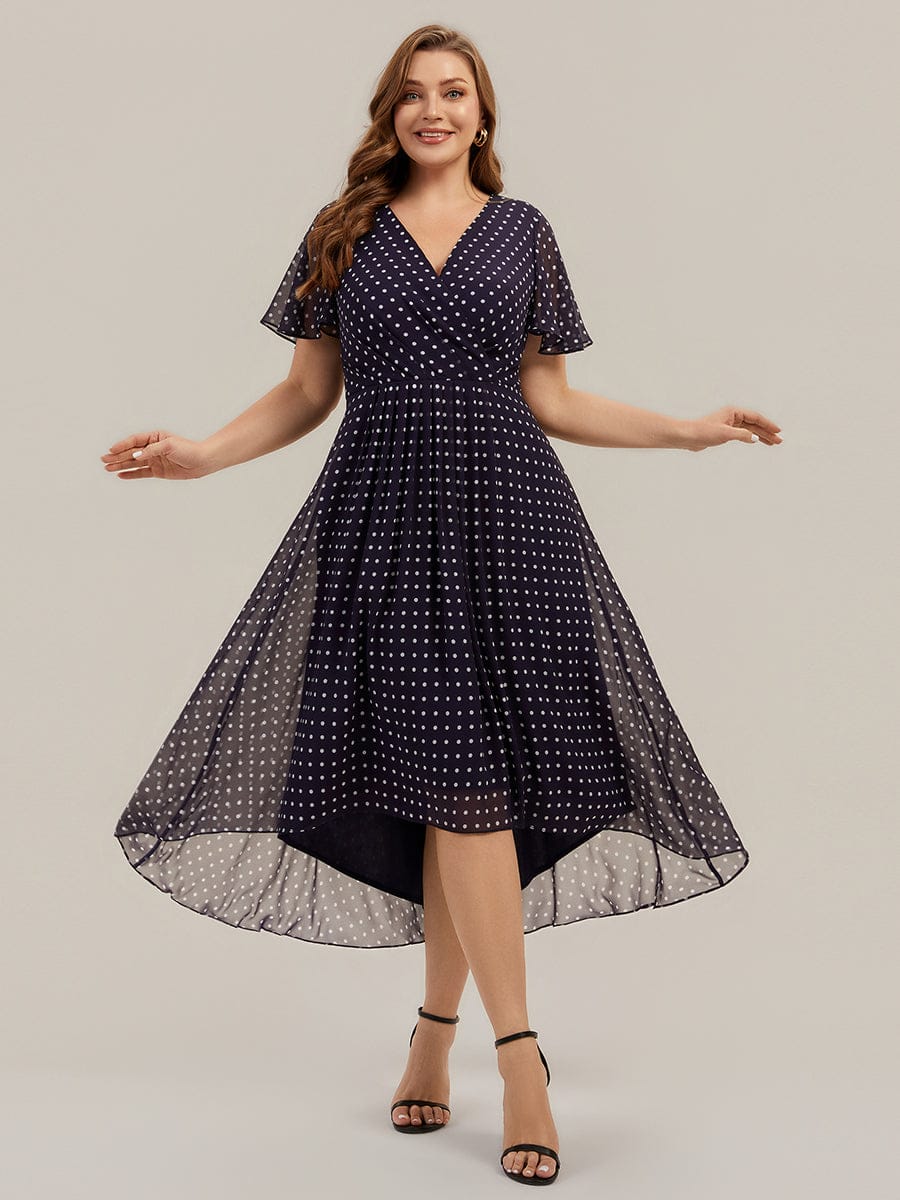Floral Chiffon Ruffle Sleeve Dress #color_Navy Blue Polka Dots