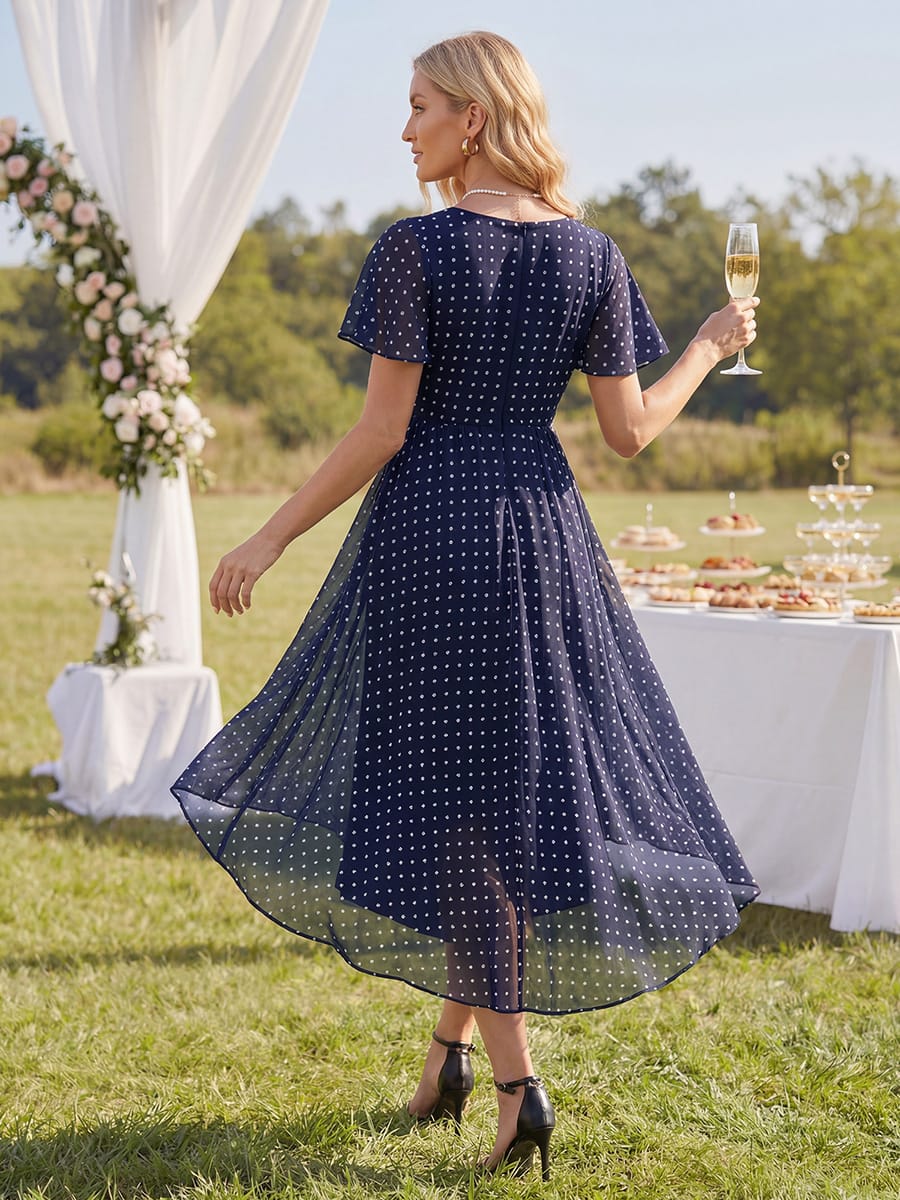 Floral Chiffon Ruffle Sleeve Dress #color_Navy Blue Polka Dots