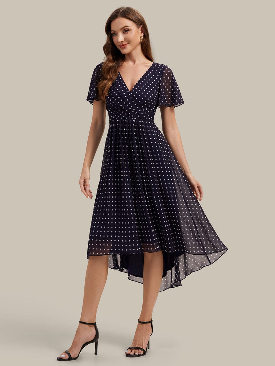 Floral Chiffon Ruffle Sleeve Dress #color_Navy Blue Polka Dots