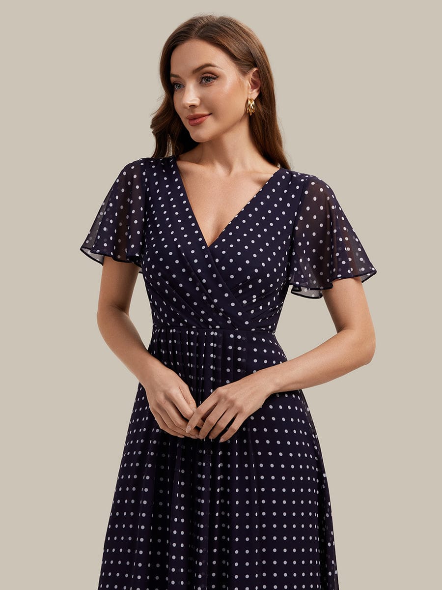 Floral Chiffon Ruffle Sleeve Dress #color_Navy Blue Polka Dots
