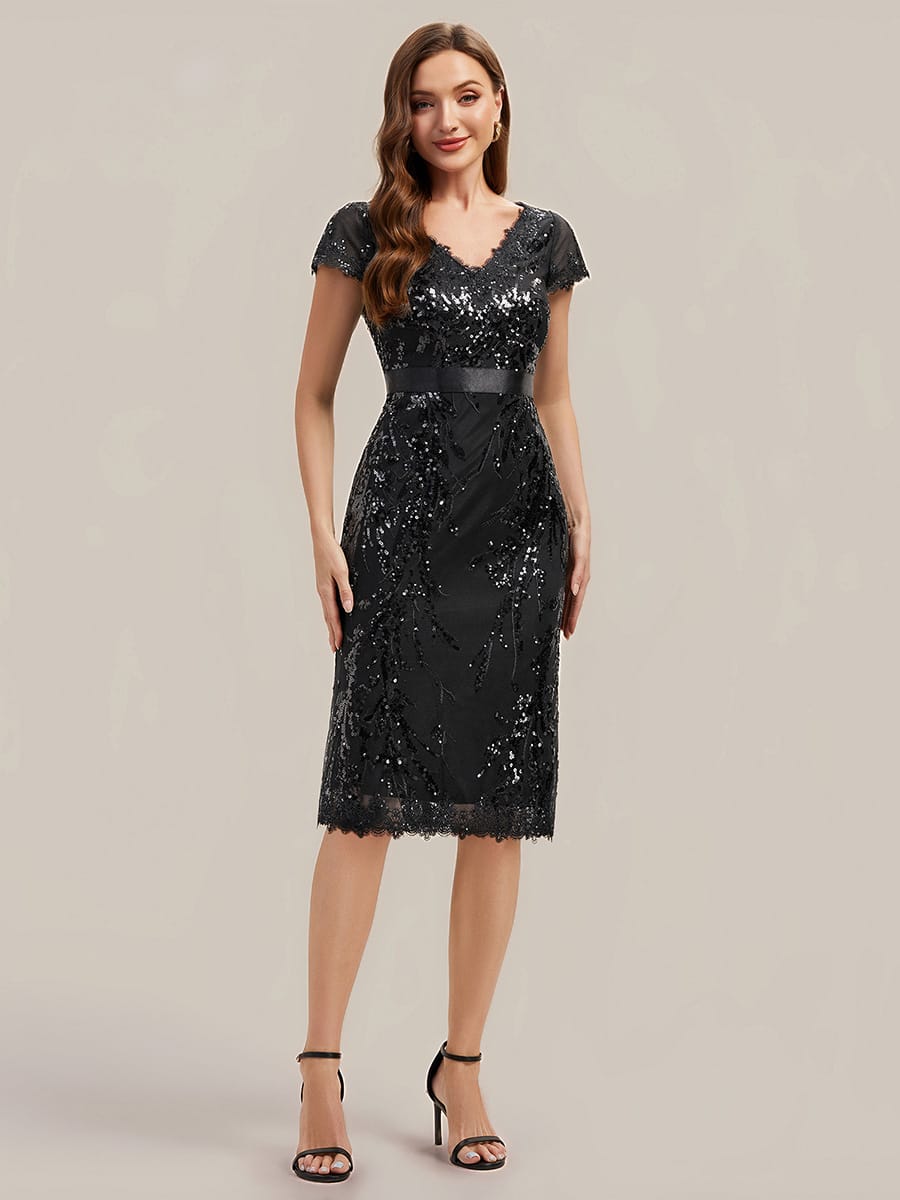 Deep V-Neck Sequin Cap Sleeve Dress #color_Black