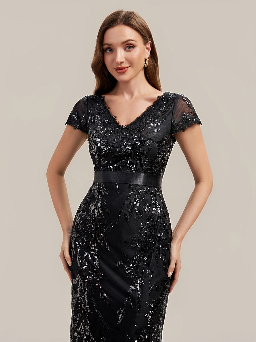 Deep V-Neck Sequin Cap Sleeve Dress #color_Black