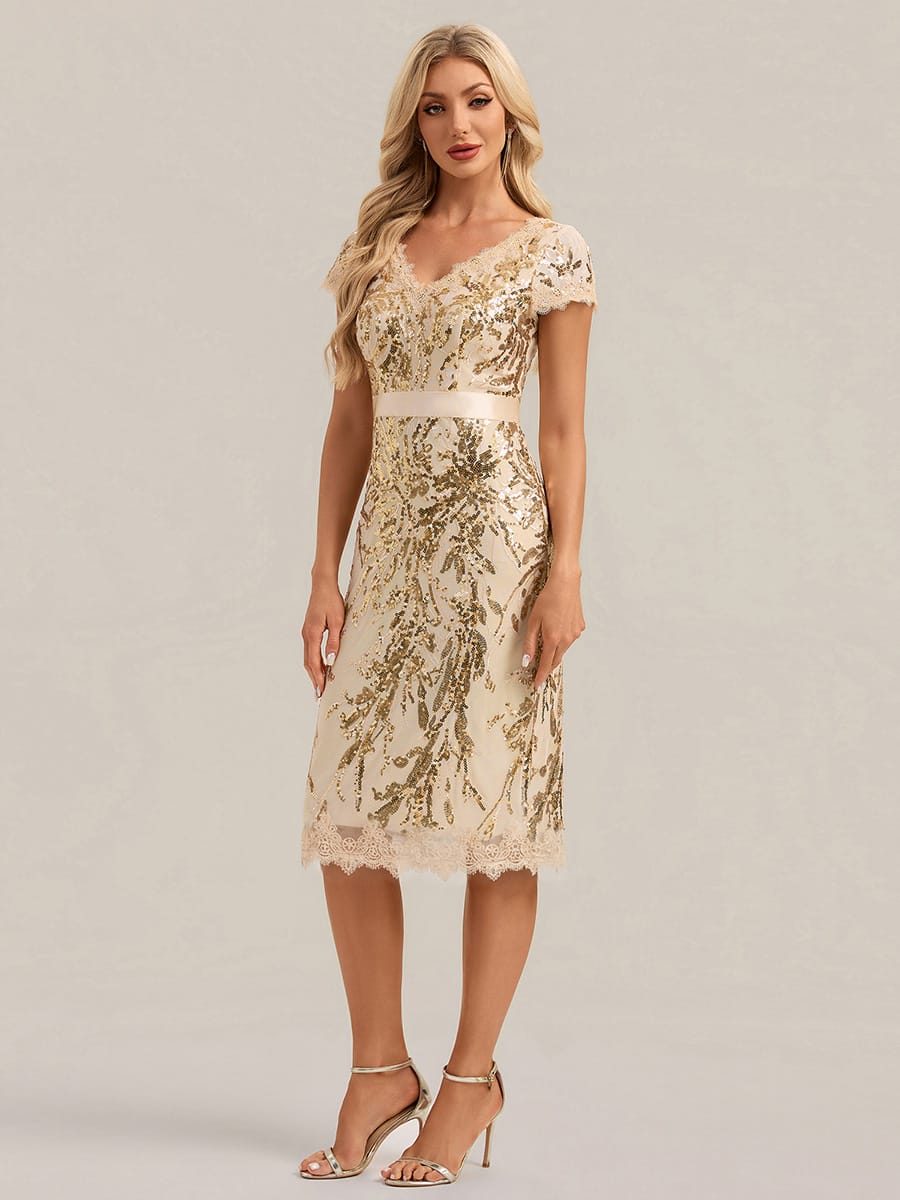Deep V-Neck Sequin Cap Sleeve Dress #color_Gold
