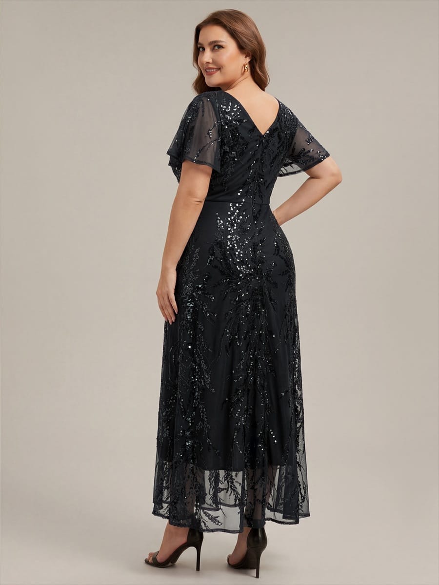Ruffled Sequin Ruffle Sleeve Dress #color_Black