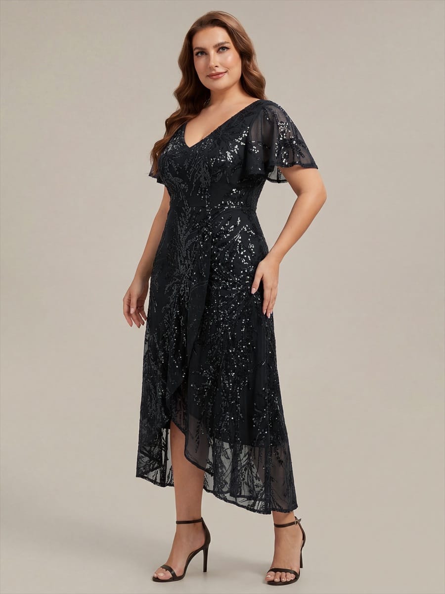 Ruffled Sequin Ruffle Sleeve Dress #color_Black