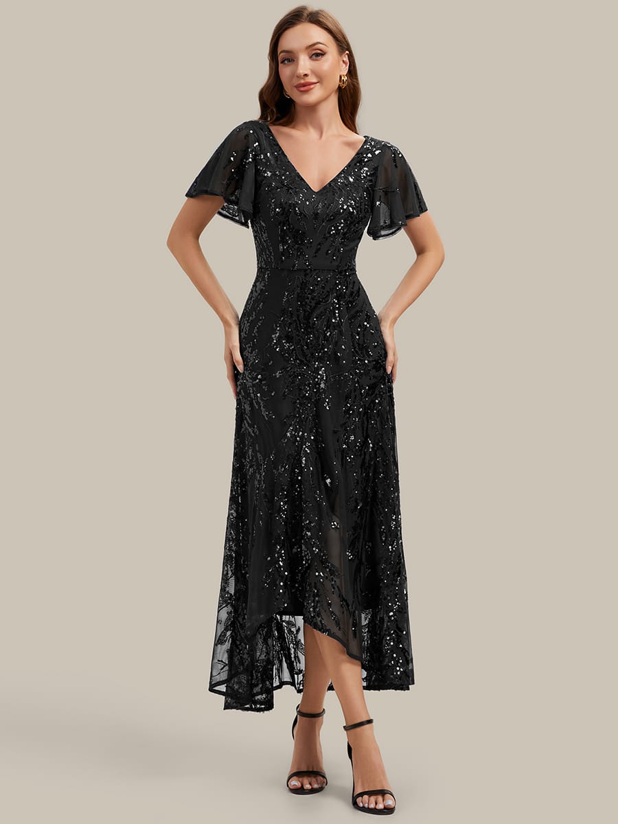 Ruffled Sequin Ruffle Sleeve Dress #color_Black