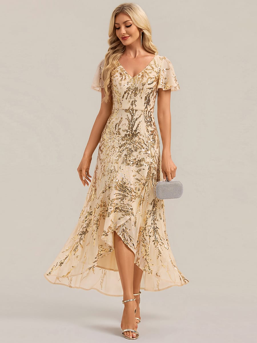 Ruffled Sequin Ruffle Sleeve Dress #color_Gold