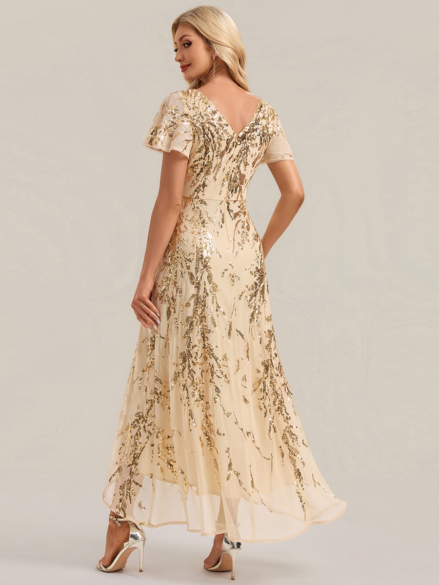 Ruffled Sequin Ruffle Sleeve Dress #color_Gold