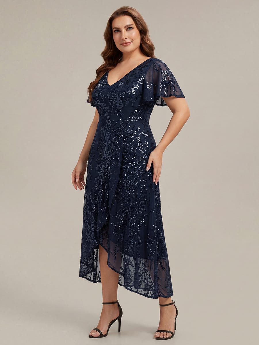 Ruffled Sequin Ruffle Sleeve Dress #color_Navy Blue