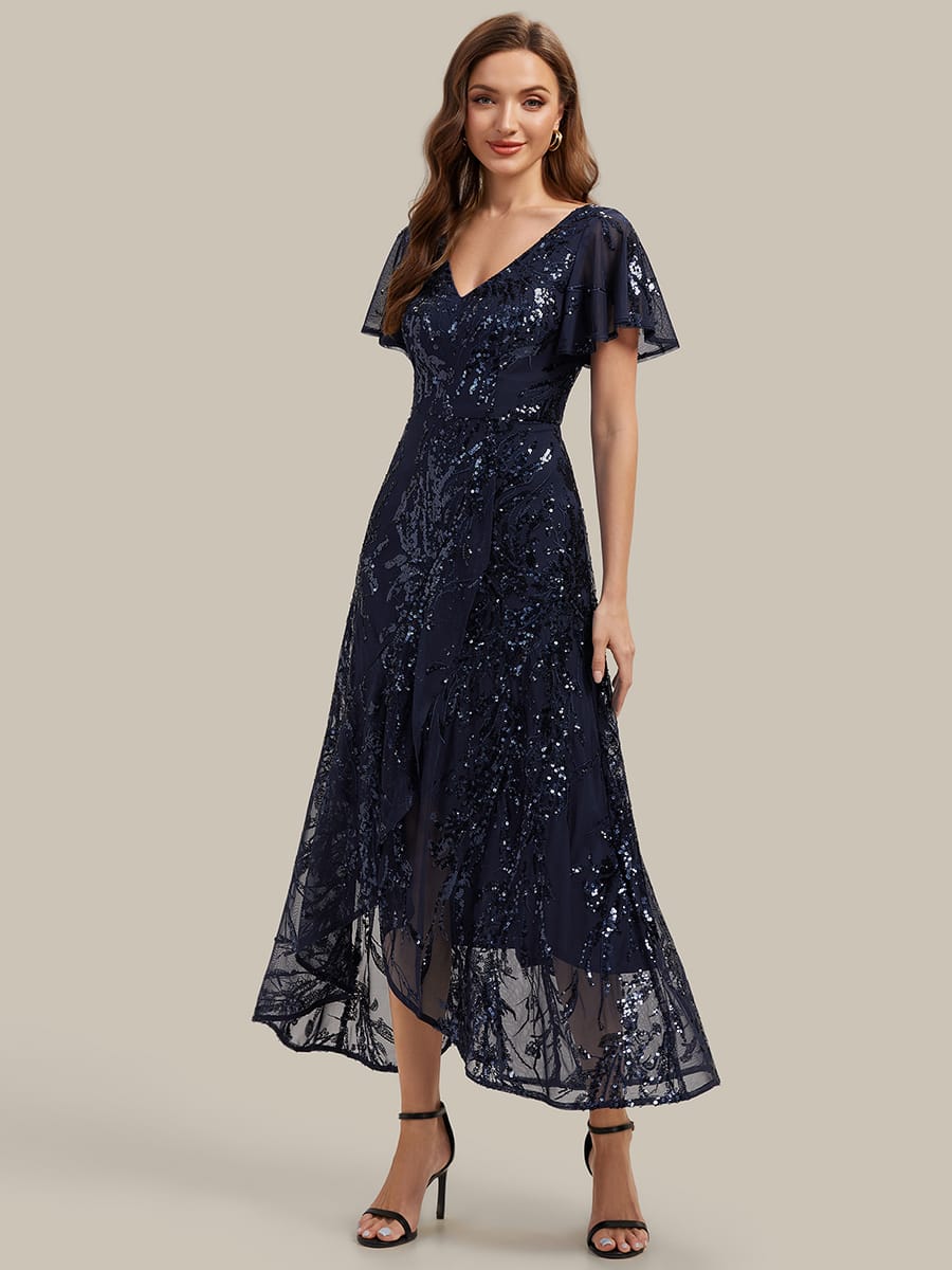 Ruffled Sequin Ruffle Sleeve Dress #color_Navy Blue