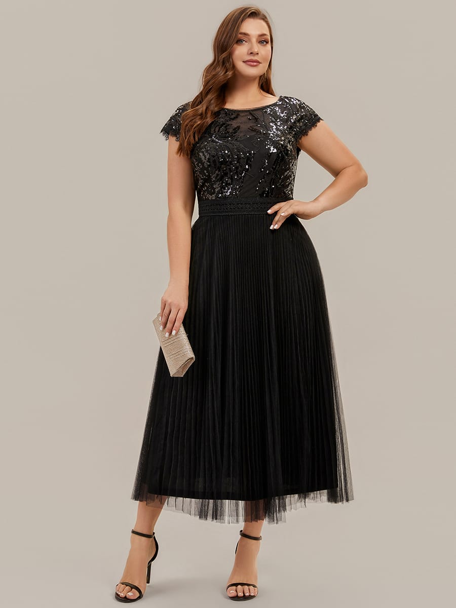 See-through Sequin Cap Sleeve Dress #color_Black