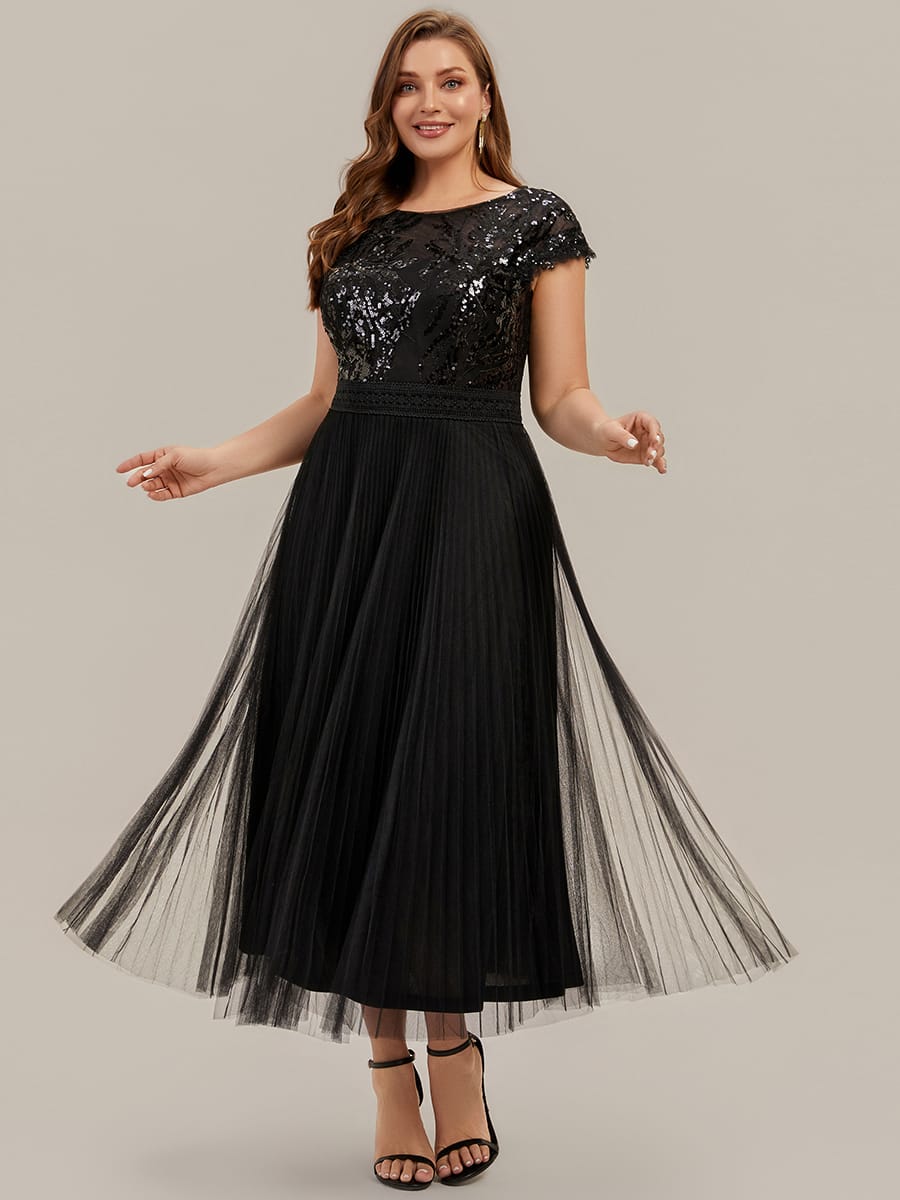 See-through Sequin Cap Sleeve Dress #color_Black