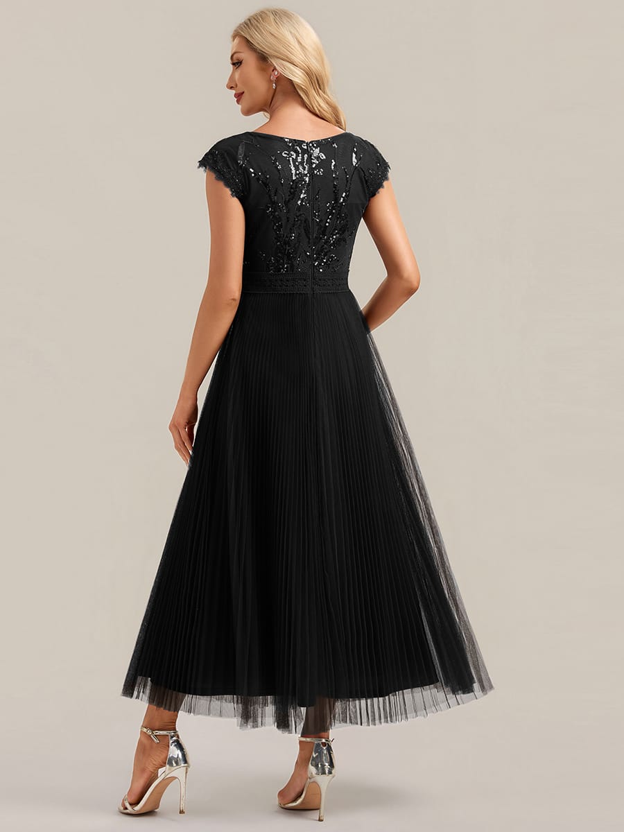 See-through Sequin Cap Sleeve Dress #color_Black