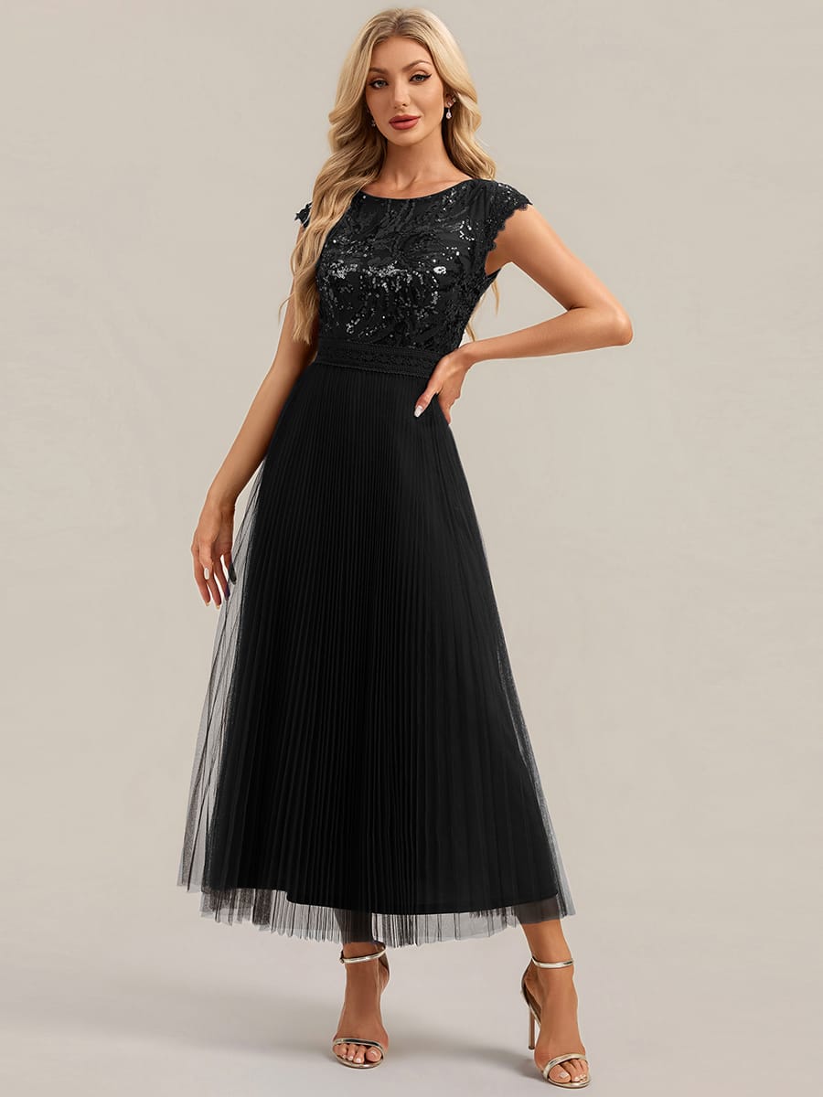 See-through Sequin Cap Sleeve Dress #color_Black