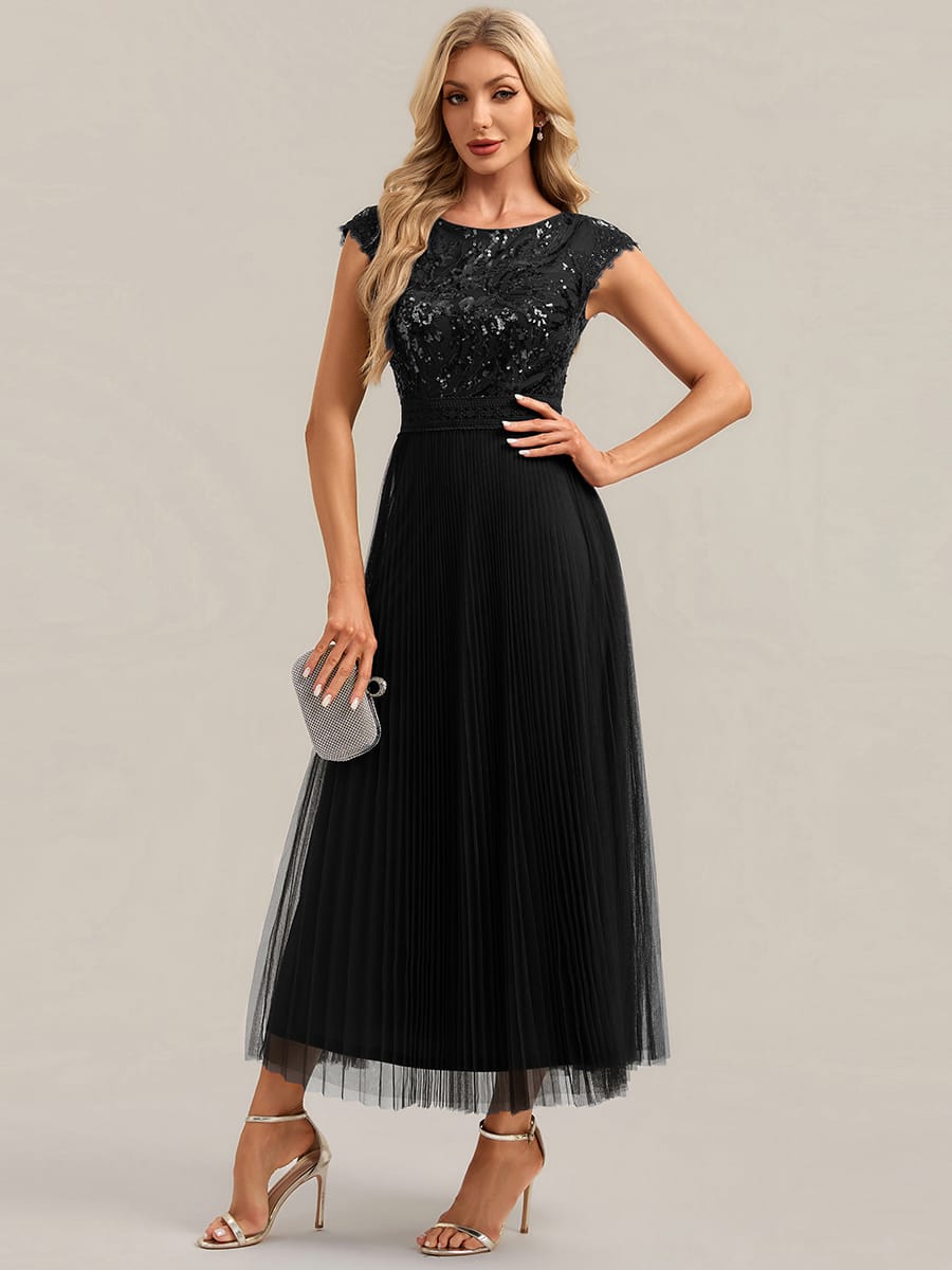 See-through Sequin Cap Sleeve Dress #color_Black