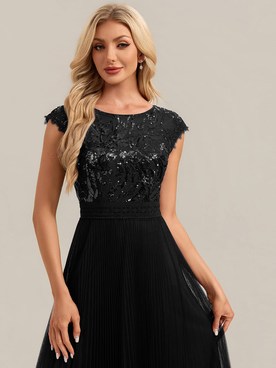 See-through Sequin Cap Sleeve Dress #color_Black